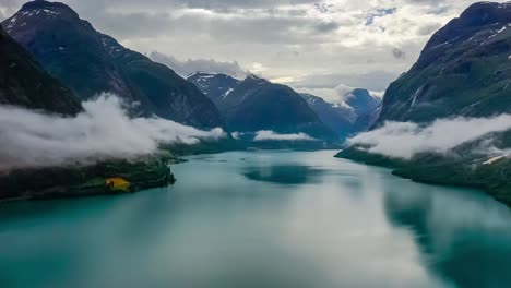 Beautiful-Nature-Norway-natural-landscape-lovatnet-lake-flying-over-the-clouds.